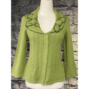 CAbi Cardigan Sweater Womens‎ XS Green Knit Button Front Floral Collar